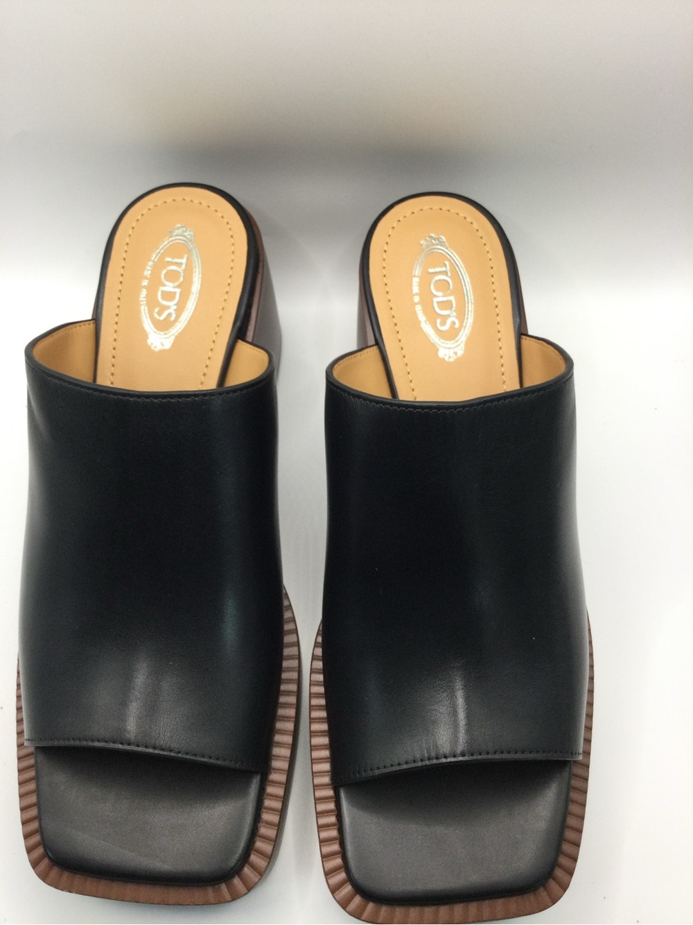Tod's Black Leather Square-Toe Slide Mules with Brown Trim